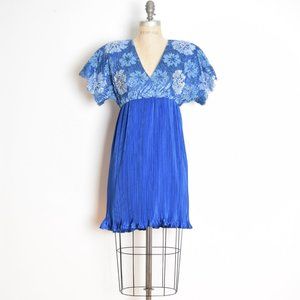 vintage 80s dress blue metallic lace pleated babydoll cocktail party mini M